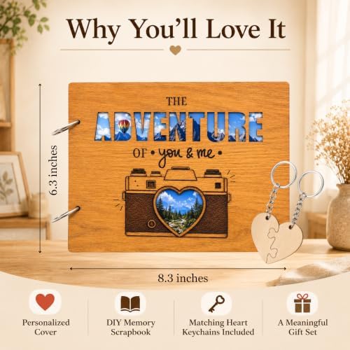 Our Adventure Book Scrapbook for Couples, Wooden Travel Photo Album Kit with Matching Puzzle Heart Keychains, Memory Book for Anniversary, Wedding, Honeymoon, Boyfriend Girlfriend
