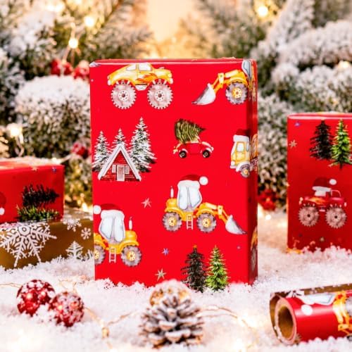Yarcony Kids Christmas Wrapping Paper, Red Construction Christmas Gift Wrap