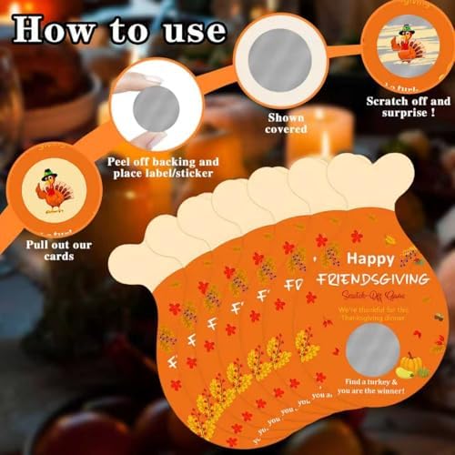 JUESMOS 30Pcs Friendsgiving Scratch off Cards Turkey Legs DIY Scratch Prize Cards Thanksgiving Party Games Fall Harvest Scratch-off Card for Friends Family Adults Fun Thanksgiving Dinner Activities