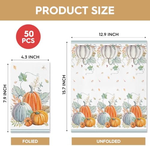 Horaldaily 50Pcs Fall Paper Napkins, Watercolor Pumpkin