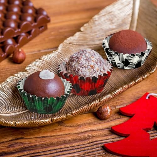 Whaline 600Pcs Christmas Cupcake Wrappers 3 Colors Buffalo Plaid Cupcake Liners Disposable Cake Holders Paper Muffin Cups for Baking Home Kitchen Holiday Party Supplies