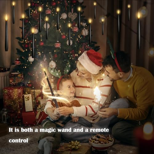 kakoya Flameless Floating Candles with Wand，20 Pcs Magic LED Hanging Taper Candles，Flickering Battery Operated Taper Candle with Wand Remote for Halloween Decorations Best Gift(Black)