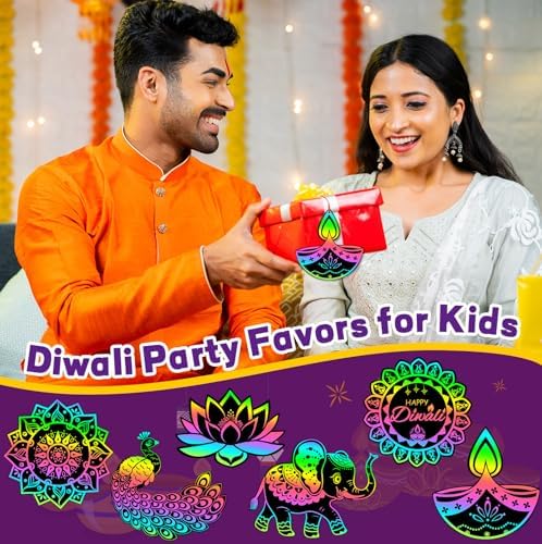 JULMELON 36 Pcs Diwali Crafts for Kids Rainbow Scratch Art Party Favors
