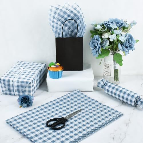 BEISHIDA Gingham Tissue Paper Bulk, Dusty Blue White Checkered Wrapping Tissue Paper for Gift Bags, 14 x 20 Inch Gift Wrap for Birthday Nautical Wedding DIY Crafts Decor Holiday Flowers,50 Sheets