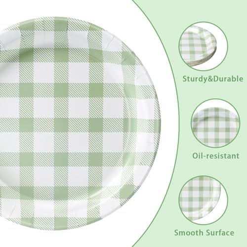 Vyntra 50 Pcs Sage Green Gingham 9 Inch Round Paper Dinner Plates