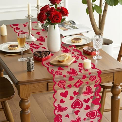 OHOME Valentines Day Decorations - Red Lace Table Runner | Valentines Day Decor Party Supplies Favors - Galentines Day Decorations Holiday Heart Table Cloth Centerpiece for Wedding Home Kitchen
