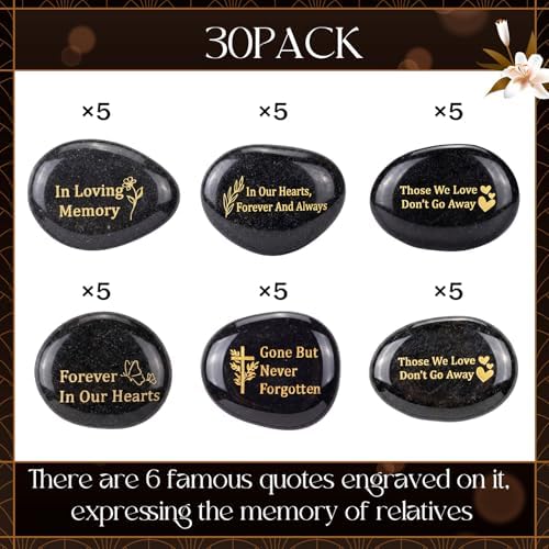 Yuntau 30 Pcs Memorial Stone 1.97 Inch Celebration of Life Favor Inspirational River Rock Engraved in Loving Memory Funeral Favor Decoration for Fathers Day Gift (Black,Classic Style)