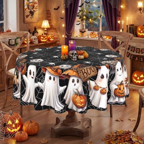 Black Halloween Tablecloth Round 90 Inch, Washable Fabric Spider Web Ghost Table Cloth Round Halloween Tablecloth Table Cover for Kitchen Dining Party