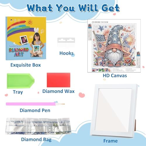 Gnome Diamond Art Kits for Kids with Frame, American Flag Diamond Painting Kits for Kids Ages 4-8-12, 4th of July Easy Diamonds Gem Art Crafts for Girls Boys, Gift Package for and Home Decor(7x7inch)