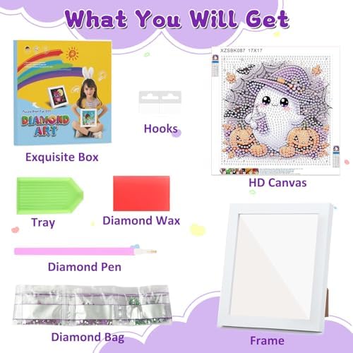 Halloween Ghost Diamond Art Painting Kits for Kids with Frame, Diamond Painting Kits for Kids Ages 4-8-12, Easy Gem Arts and Crafts Gift for Girls Boys Adult Beginners Home Wall Decor(7x7inch)
