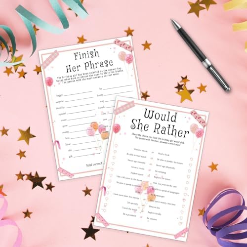 Birthday Party Games Set for Girls, Funny Girls Party Game, Girl Birthday‘s Supplies, Activity, Decorations, Includes Who Knows the Birthday Girl Best, Scattergories, 20 Double Sided Games Cards