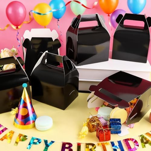 Hxezoc 24 Pieces Black Party Favor Boxes Gable Candy Treat Box Folding Paper Gift Box with Handles for Baby Showers Birthday Party Wedding Decoration Supplies