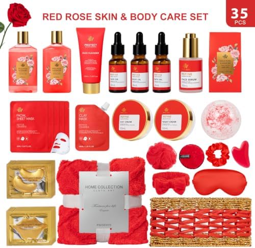 35 Pcs Birthday Gifts for Women, Rose Home Spa Gifts Basket, Self-Care Set