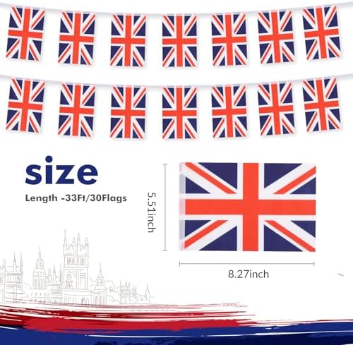 Union Jack British Flag Banner, Small Mini United Kingdom Britain Flags Patriotic Decoration for Party, Classroom, Sports Events, 33 Feet 30 Flags
