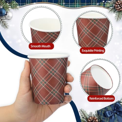 Funtery 100 Pcs Christmas Paper Cups 9oz Red Green Tartan Vintage Plaid Cup