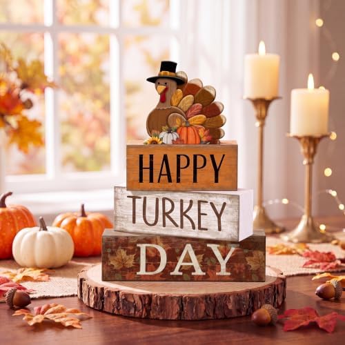 Moucuny 4 Pcs Fall Table Decor Wooden Signs Happy Turkey Day Blocks