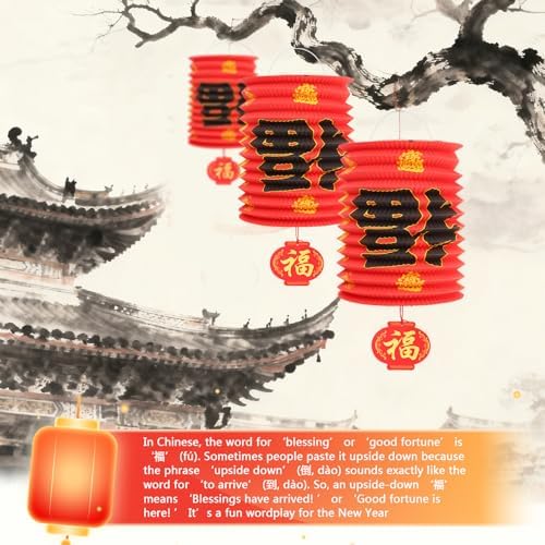 2026 Chinese New Year Decorations Set,6Pcs Red Paper Fu Lanterns for Ceiling, Year of The Horse Lunar Spring Festival Party Supplies for Home, Restaurant, Store,6.3 x 9.8 Inch