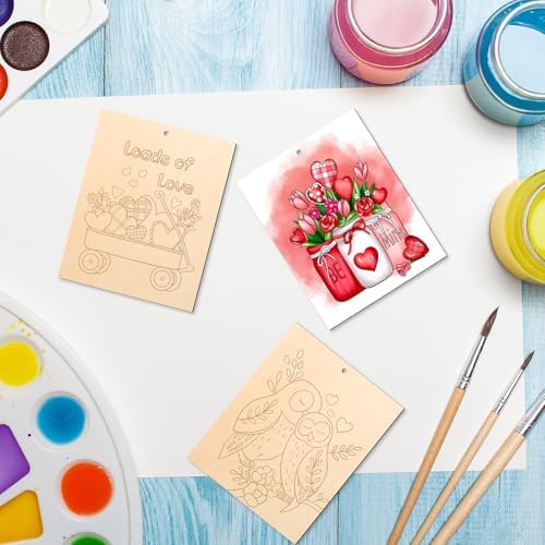 COCHIE 10 Pieces Large Valentines Day Unfinished Wood Crafts to Paint for Adults, Bulk Predrilled Wooden Ornaments for Painting, Heart Pattern Paintable Wood Slices Craft Supplies with Ropes