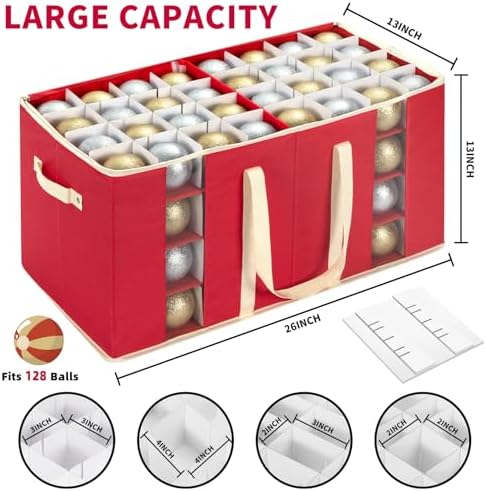 DIMESHY Christmas Ornament Storage Box Holds 128 Holiday Decorations,RED