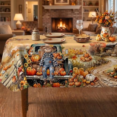 Fall Tablecloth 60×84 Inch Oval, Fall Harvest Decorations for Home Table Cloth, Truck Scarecrow Pumpkin Decor Washable Seasonal Autumn Thanksgiving Tablecloths Polyester for Picnic Party Dinner