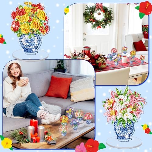 Kosiz 9 Pcs Christmas Chinoiserie Flower Diamond Painting Tabletop Decor