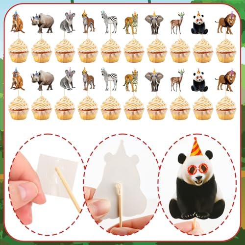 Hooqict 40Pcs Safari Animal Cupcake Toppers Party Animal Birthday Cake Topper Decorations Safari Jungle Cupcake Picks for Kids Boys Girls Birthday Baby Shower Wild Zoo Party Supplies