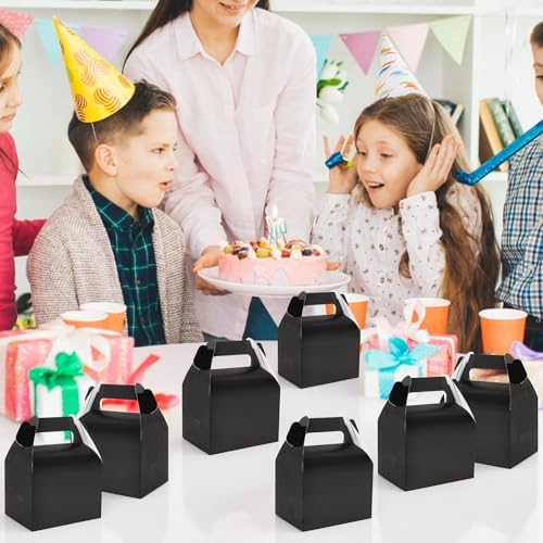 Hxezoc 24 Pieces Black Party Favor Boxes Gable Candy Treat Box Folding Paper Gift Box with Handles for Baby Showers Birthday Party Wedding Decoration Supplies