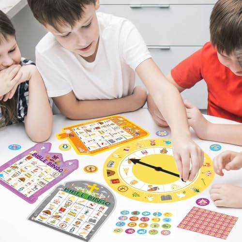 Easter Bible Bingo Game for Adults 24 Players Easter Bible Games for Kids Christian Supplies Cross Bingo Cards with Turntable Reward Stickers for Christian Party Activities Home Family Game