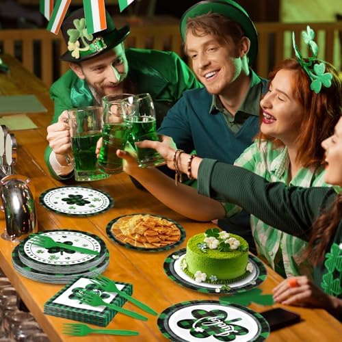 96 Pieces St. Patrick’s Day Tableware Set – Green and Black Plaid Shamrock Disposable Plates, Napkins, and Forks for Irish Party, Lucky Clover Celebration St. Paddy’s Day Dinner – Serves 24 Guests