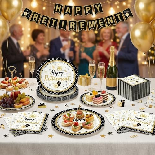 Dereinwo 50 Pcs Retirement Paper Plates and Napkins Set