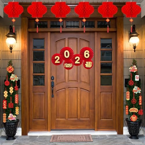 Chinese New Year Decorations 2026 Spring Festival Hanging Ornaments Paper Fans Red Lantern Happy New Year Banner Red Envelopes Chinese Fu Character Stickers for Lunar New Year Decorations