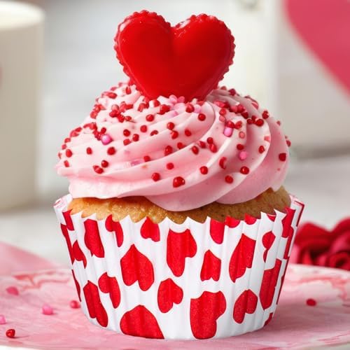 JarThenaAMCS 300 Pcs Valentine Cupcake Liners Red Heart Baking Cups Red White Standard Muffin Cupcake Wrappers For Anniversary Wedding Party Supplies