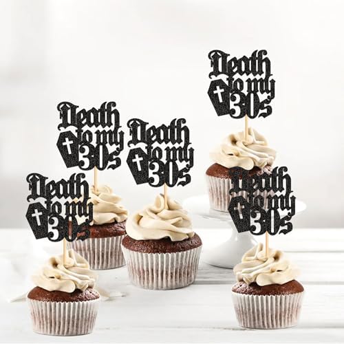24Pcs Black Death to My 30s Cupcake Toppers Death to My Thirties Cupcake Picks for Gothic 40th Birthday Funeral 40th Birthday Anniversary Cupcake Decorations Rip to My Youth Emo Party Decorations