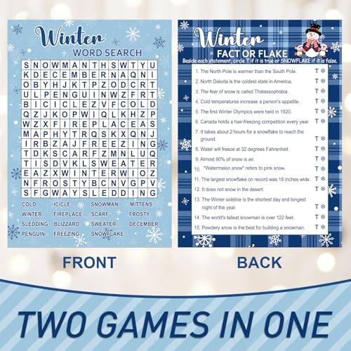 COCHIE 30 Players Winter Holiday Christmas Party Games for Adults Family Office Large Groups, Word Search Game, Riddle Game, Fact or Flake Games with Answer Key (Winter Search)