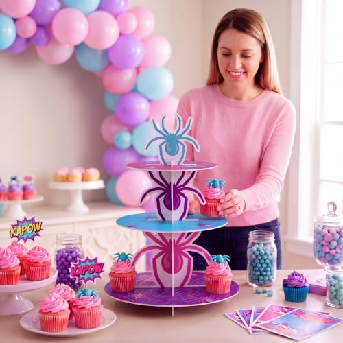 3 Tier Spider Cupcake Stand Decoration Pink Spider Cupcake Tower Purple Blue Spiderweb Table Decoration Hero Theme Dessert Holder Table Display for Hero Birthday Party Baby Shower Supplies