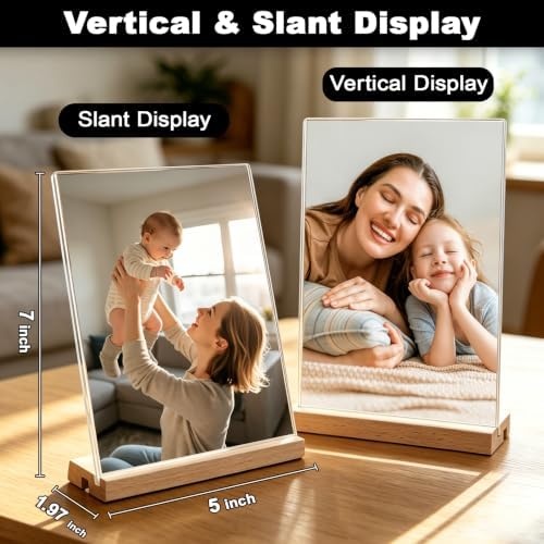 Daletu Acrylic Sign Holder 5x7 with Wood Base | 3 Packs Acrylic Tabletop Display Stand, 2 in 1 Vertical or Slant Clear Plastic Sign Frame Holder for Flyer, Menu, Retail, Buffet, Vendor, Wedding, Party