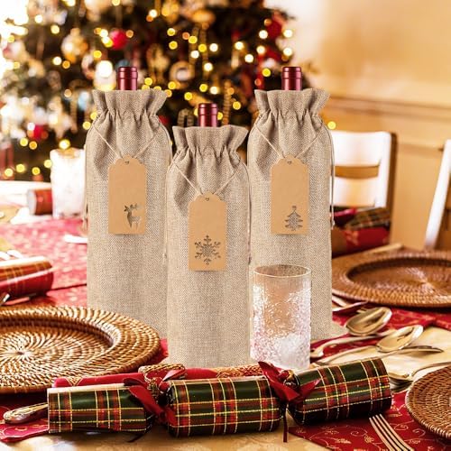 JOICEE 12 Pcs Burlap Wine Bags Christmas Wine Bottle Gift Bags