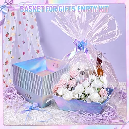 AFOROEOA 20 Pack Iridescent Gift Baskets Empty, 10x8 Thick Paper Basket with 20 Clear Bags and 20 Pull Bows, Holographic Gift Baskets for Bridal Birthday Party Bulk Wrapping