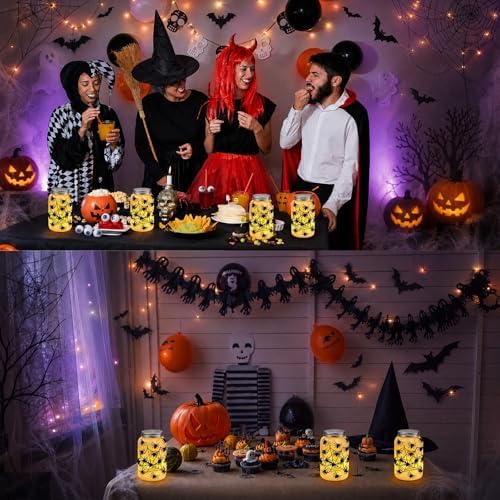 Qinyoung 12 Pcs Halloween Spiderweb Craft Spiders Mason Jars with LED Light
