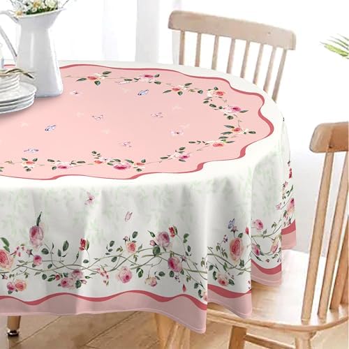 Pink Floral Tablecloth Decoration Tablecloths, Pink Rose Rosette Butterfly Table Covers, Waterproof Table Cover for Dinner Kitchen Party Holiday Decor 60"x 120" Oval
