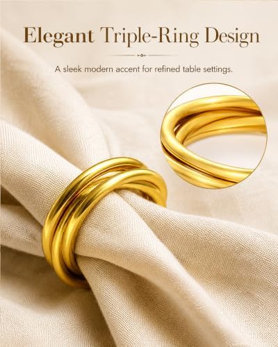 Gold Triple Ring Napkin Rings Set of 12 for Weddings and Table Settings