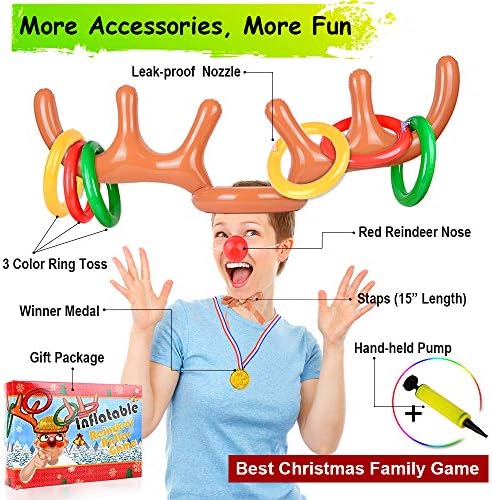 Christmas Games for Family Party, 4 Pack Inflatable Reindeer Antler Ring Toss Game Great Christmas Games for Adults and Kids