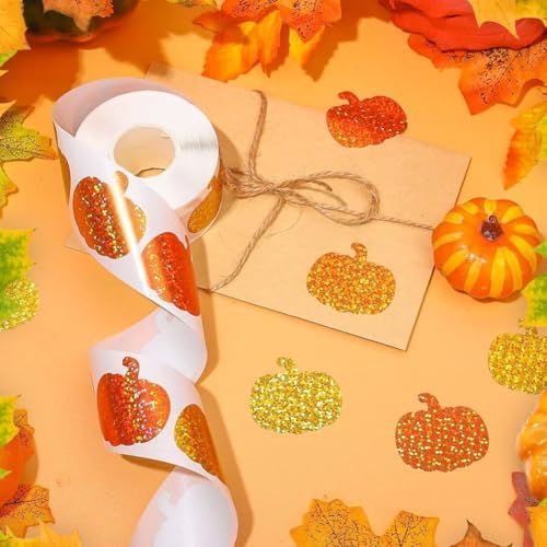 500Pcs Fall Thanksgiving Pumpkin Stickers Roll - Laser Pumpkin Shaped Self-Adhesive Stickers, 3 Orange Sparkly Waterproof Decals for Easter Autumn Party Cards Seal Envelopes Supplies Scrapbook Decor
