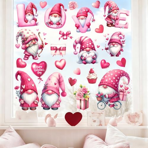 Whaline 9 Sheets Valentine' s Day Window Clings Cute Pink Love Gnome Heart Window Decal Reusable Anti-Collision Windows Decor for Wedding Anniversary Home Party Supplies