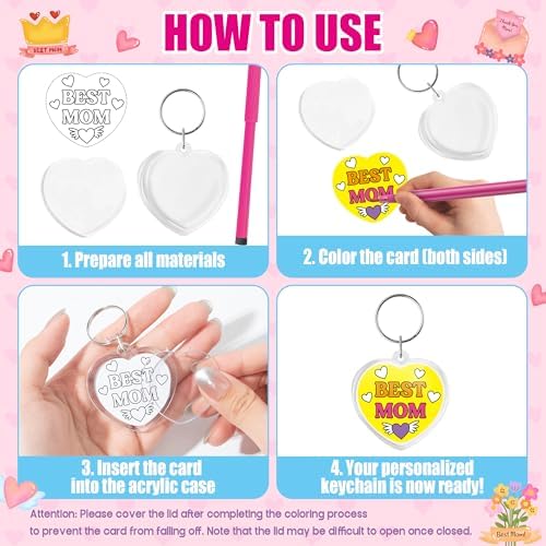BeYumi Mother's Day Keychains Craft - 24Pcs Color Your Own Acrylic Heart Keychain Bulk DIY Best Mom Key Ring Set for Kids Love U Mom Thankful Coloring Card School Classroom Party Favor Gifts Activity