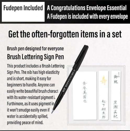 Traditional Japanese Money Gift Envelope Set for Weddings, Shugi Bukuro with Elegant Mizuhiki Cord and Calligraphy Brush Pen, Standard Red & White (30,000 Yen Gift Size)
