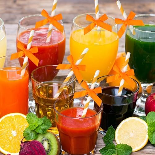 24 Packs Orange Bow Biodegradable Striped Paper Straws, Orange and White Disposable Drinking Straws for Birthday Carnival Summer Pool Party Wedding Baby Shower Halloween Party Decoration Supplies