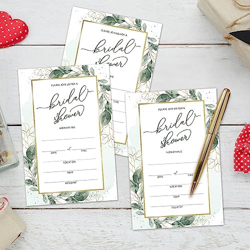 WwongxianB Set of 25 Bridal Shower Eucalyptus Invitations with Envelopes, Greenery Invites for Bridal Shower, Wedding Party Invitations, Fill in Style Invites Cards -012
