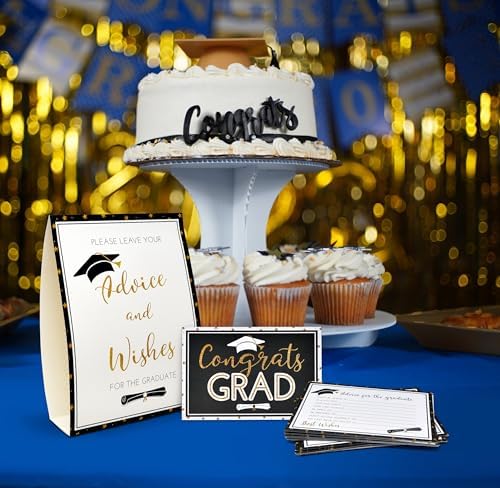 Gift Boutique 50 Graduation Advice Cards Double Sided with Table Sign Black and Gold Grad Party Guest Book Alternative