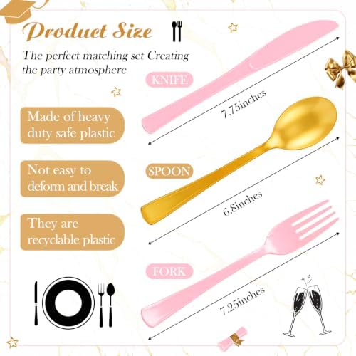 Minatee 180 Pcs Pearlescent Gold Pink Plastic Silverware Heavy Duty Cutlery Sets Disposable Utensils for Holiday Birthday Themed Party Supplies, 60 of Each Forks Knives Spoons